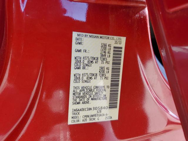 1N6AA0EC1BN305840 - 2011 NISSAN TITAN S RED photo 12