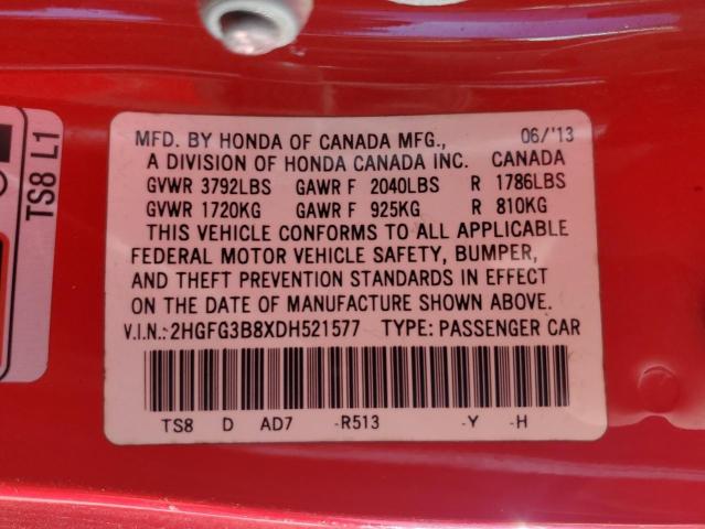 2HGFG3B8XDH521577 - 2013 HONDA CIVIC EX Qırmızı foto 12