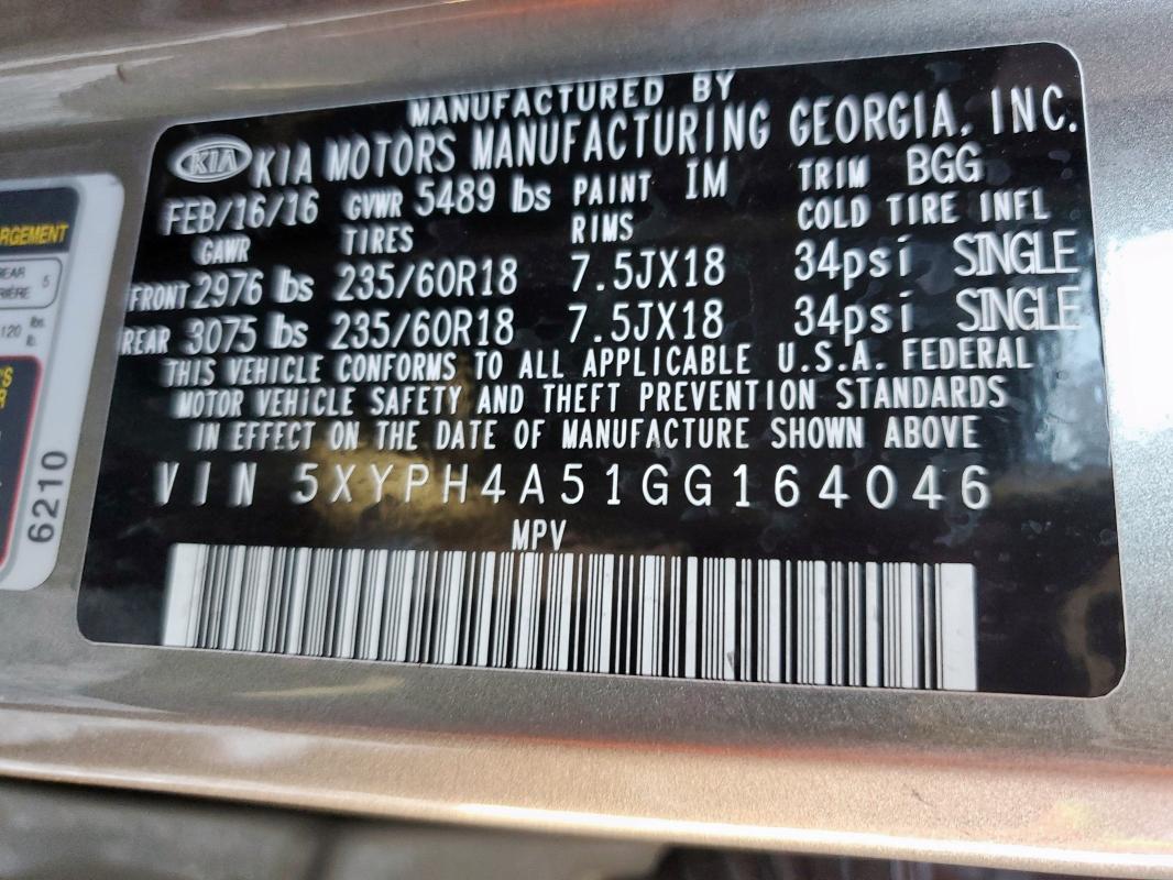 5XYPH4A51GG164046 - 2016 KIA SORENTO EX GRAY photo 13