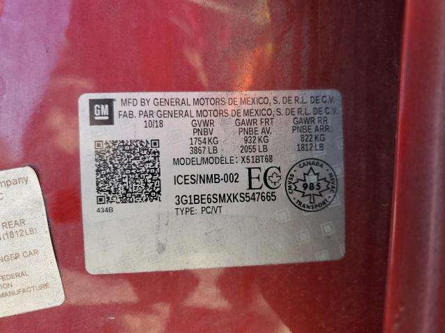 3G1BE6SMXKS547665 - 2019 CHEVROLET CRUZE LT RED photo 12