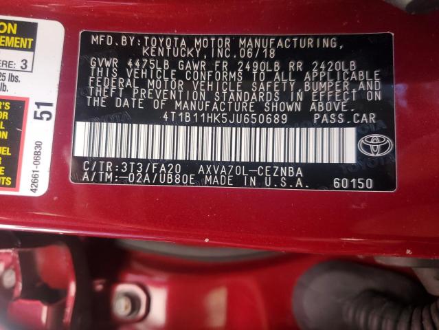 4T1B11HK5JU650689 - 2018 TOYOTA CAMRY L 红色 照片 12