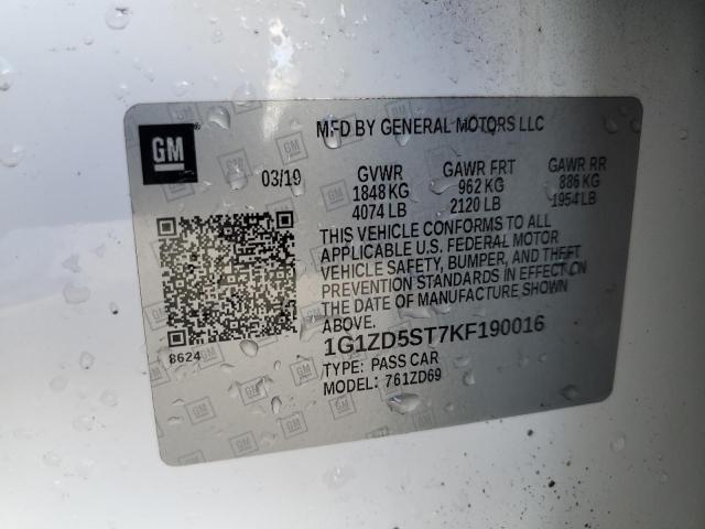 1G1ZD5ST7KF190016 - 2019 CHEVROLET MALIBU LT თეთრი ფოტო 12