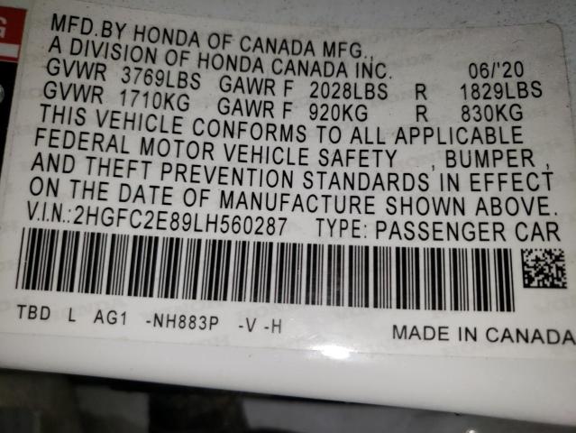 2HGFC2E89LH560287 - 2020 HONDA CIVIC SPORT WHITE photo 12