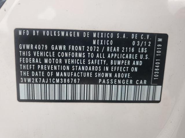 3VW2K7AJ1CM386767 - 2012 VOLKSWAGEN JETTA BASE WHITE photo 12