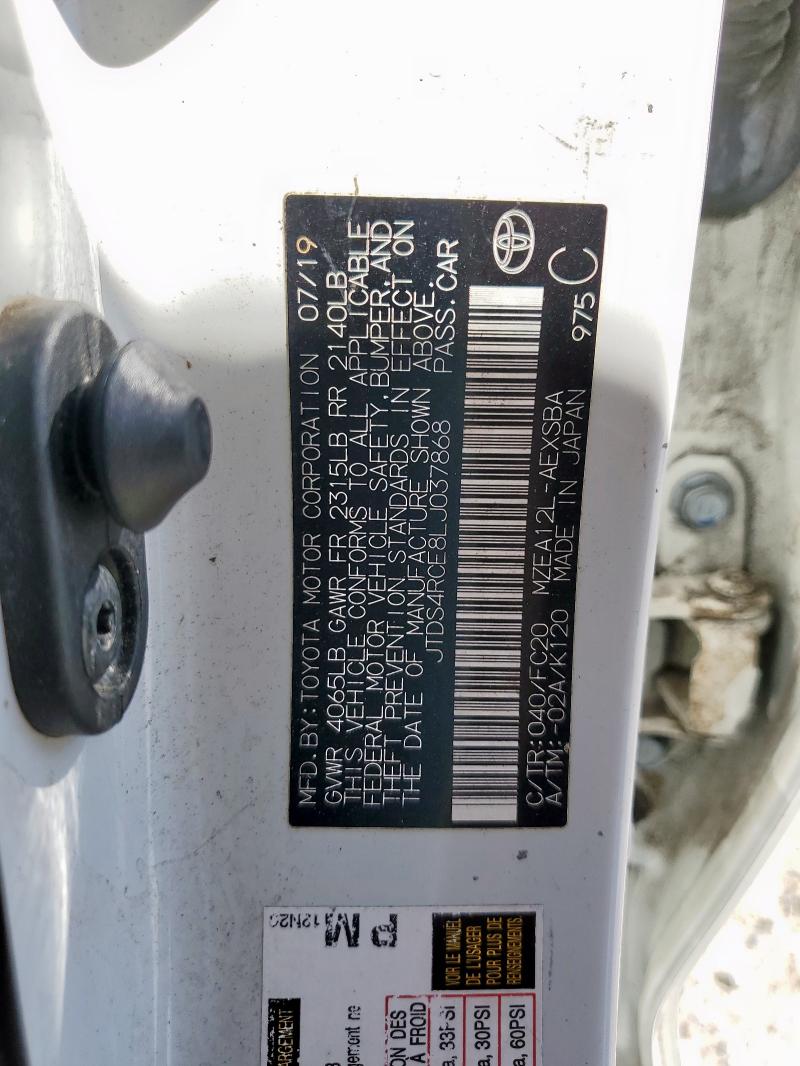 JTDS4RCE8LJ037868 - 2020 TOYOTA COROLLA SE WHITE photo 12