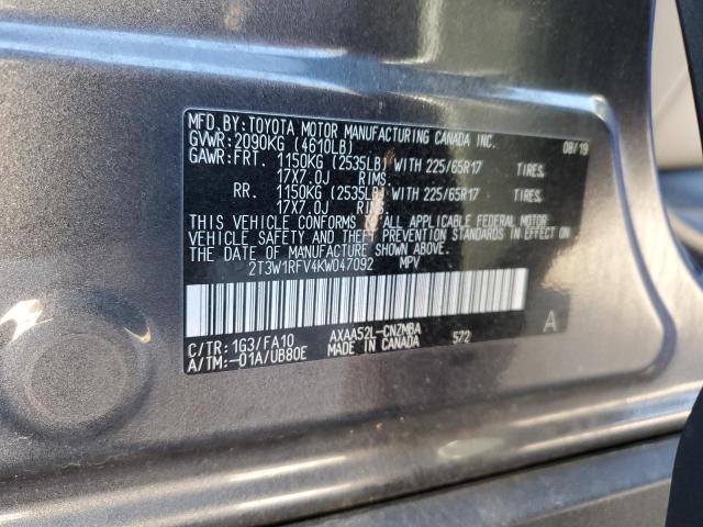 2T3W1RFV4KW047092 - 2019 TOYOTA RAV4 XLE Сұр фото 14