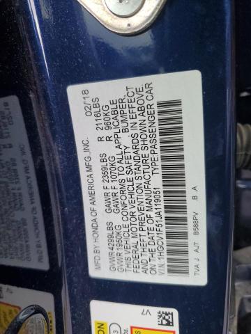 1HGCV1F51JA119051 - 2018 HONDA ACCORD EXL BLUE photo 12