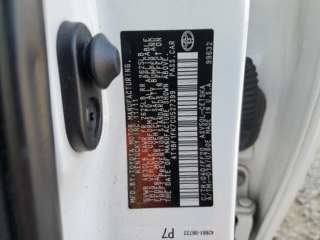 4T1BF1FK7CU527399 - 2012 TOYOTA CAMRY BASE თეთრი ფოტო 12