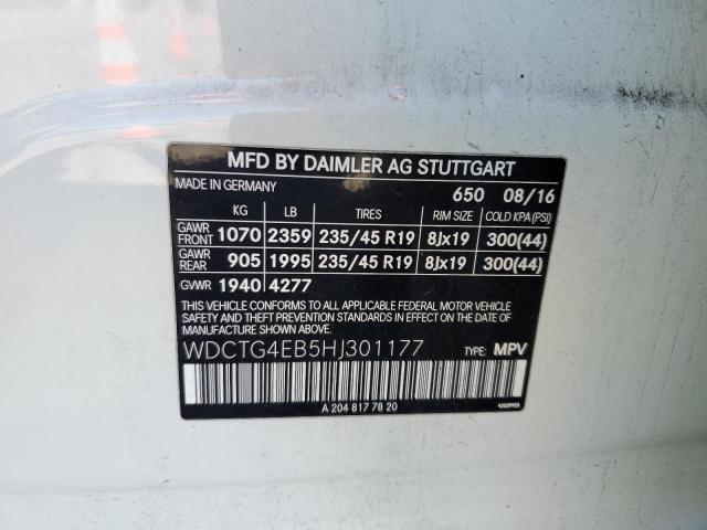 WDCTG4EB5HJ301177 - 2017 MERCEDES-BENZ GLA 250 თეთრი ფოტო 12
