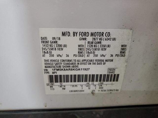 1FM5K8AR8KGA11927 - 2019 FORD EXPLORER POLICE INTERCEPTOR Biały zdjęcie 13