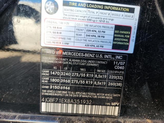 4JGBF71EX8A351932 - 2008 MERCEDES-BENZ GL 450 4MATIC BLACK photo 13