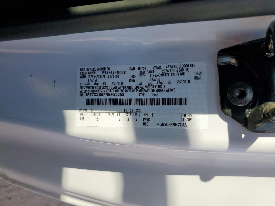 1FT7X2B67NEF29253 - 2022 FORD F250 SUPER DUTY 白色 照片 12