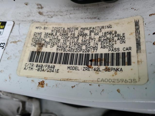 5YFBU4EE2DP220177 - 2013 TOYOTA COROLLA BASE Biały zdjęcie 12