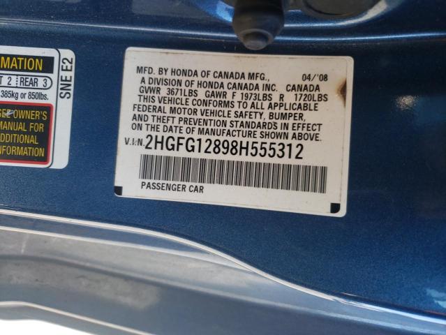 2HGFG12898H555312 - 2008 HONDA CIVIC EX BLUE photo 12