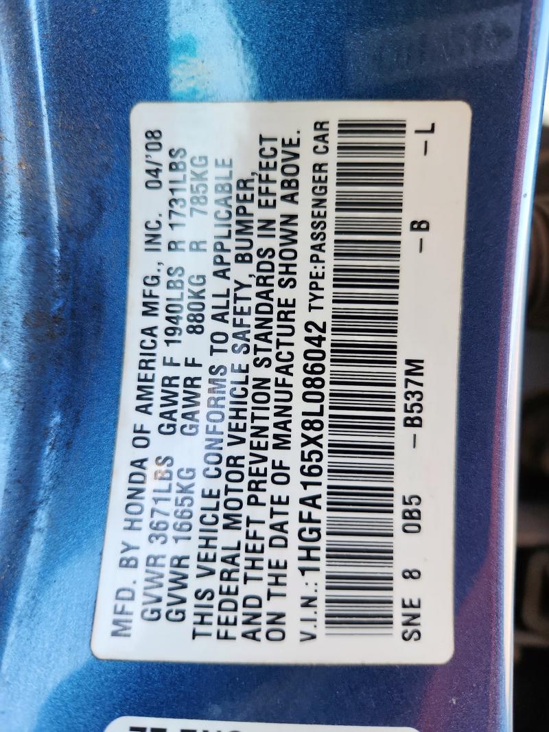 1HGFA165X8L086042 - 2008 HONDA CIVIC LX أزرق صورة 12