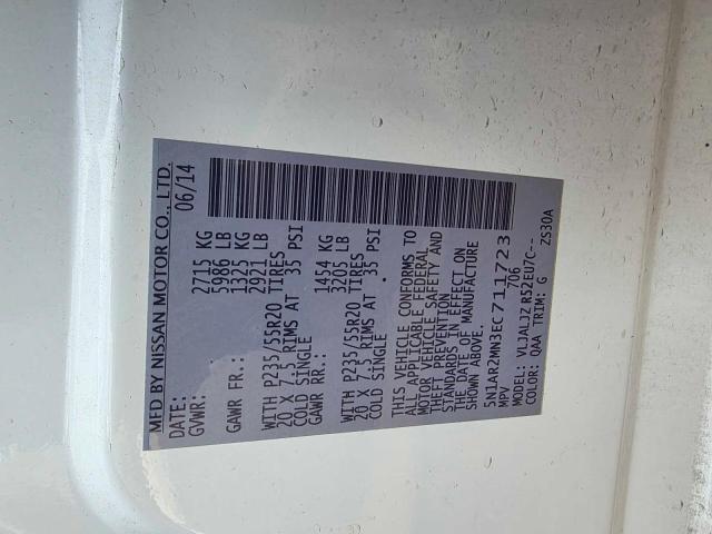 5N1AR2MN3EC711723 - 2014 NISSAN PATHFINDER S WHITE photo 10