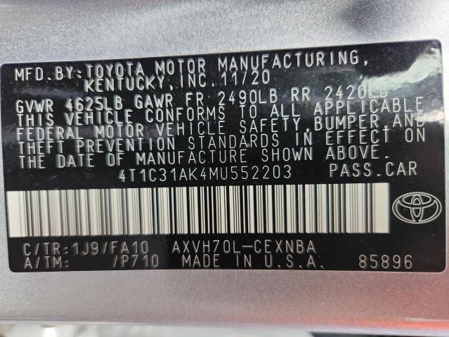 4T1C31AK4MU552203 - 2021 TOYOTA CAMRY LE SILVER photo 12
