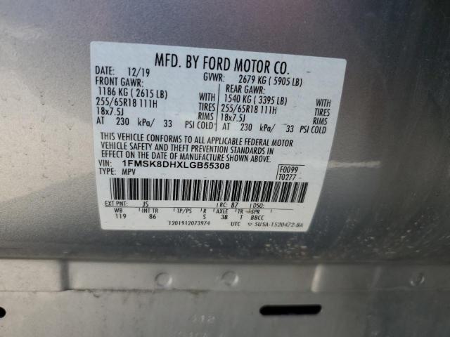 1FMSK8DHXLGB55308 - 2020 FORD EXPLORER XLT SILVER photo 14