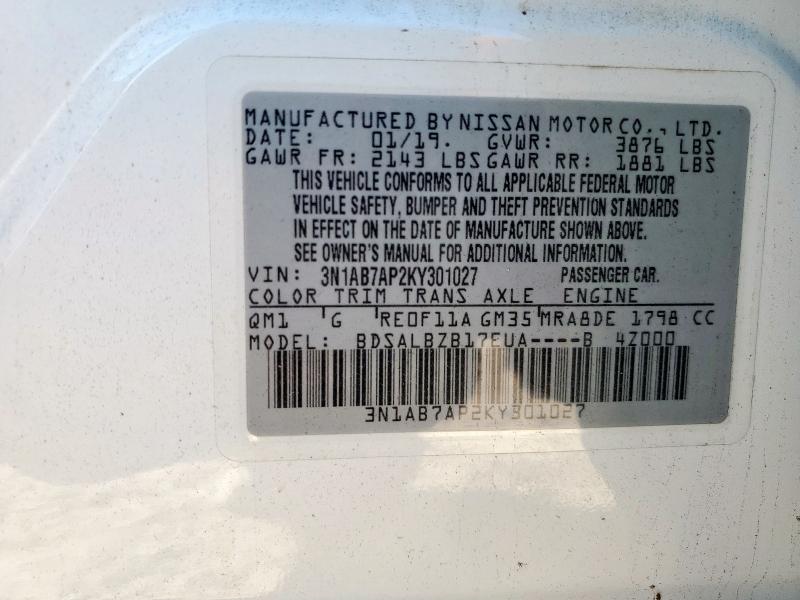 3N1AB7AP2KY301027 - 2019 NISSAN SENTRA S WHITE photo 13