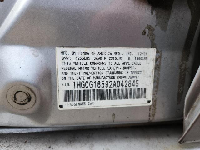 1HGCG16592A042845 - 2002 HONDA ACCORD EX SILVER photo 12