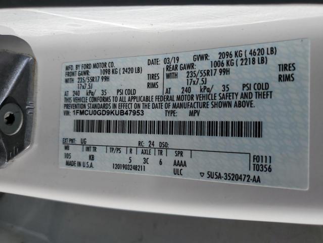 1FMCU0GD9KUB47953 - 2019 FORD ESCAPE SE Weiß Foto 13