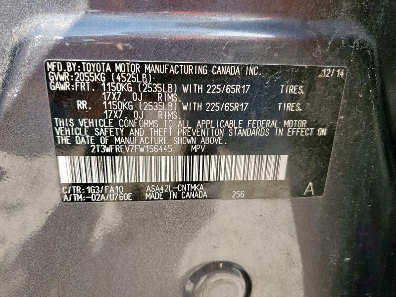 2T3WFREV7FW156445 - 2015 TOYOTA RAV4 XLE GRAY photo 13