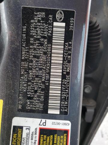 4T1BF1FK9CU040866 - 2012 TOYOTA CAMRY BASE Сұр фото 12