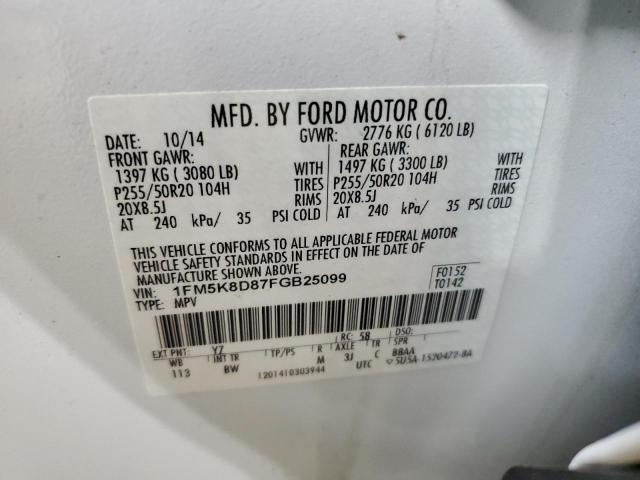 1FM5K8D87FGB25099 - 2015 FORD EXPLORER XLT WHITE photo 14