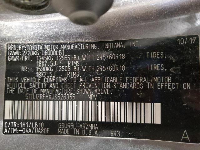 5TDJZRFHXJS526355 - 2018 TOYOTA HIGHLANDER SE Boz foto 13