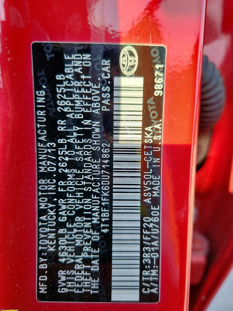 4T1BF1FK6DU714862 - 2013 TOYOTA CAMRY L RED photo 12