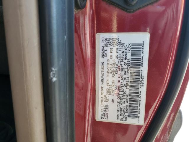 5TBRT34161S209236 - 2001 TOYOTA TUNDRA ACCESS CAB RED photo 12
