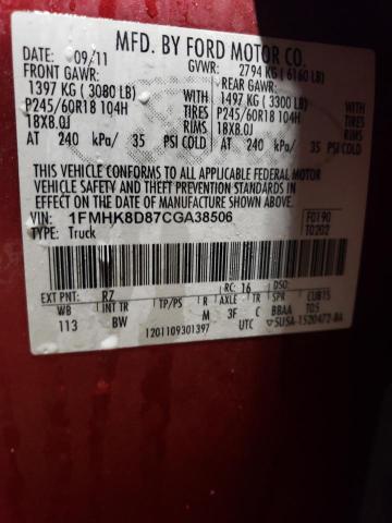 1FMHK8D87CGA38506 - 2012 FORD EXPLORER XLT BURGUNDY photo 13