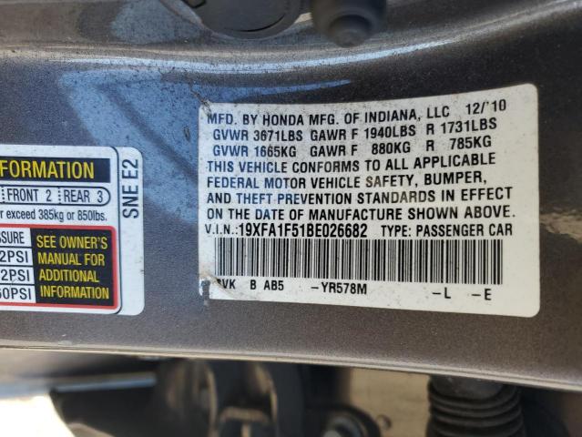 19XFA1F51BE026682 - 2011 HONDA CIVIC LX GRAY photo 12