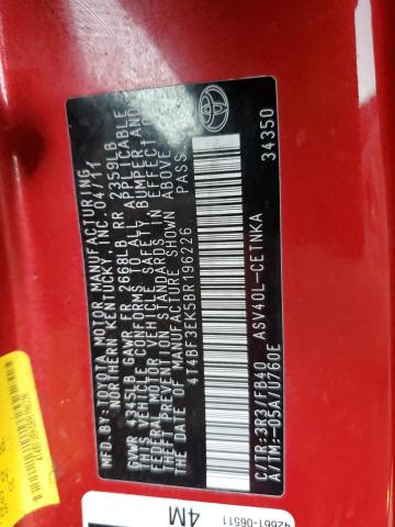 4T4BF3EK5BR196226 - 2011 TOYOTA CAMRY BASE أحمر صورة 13