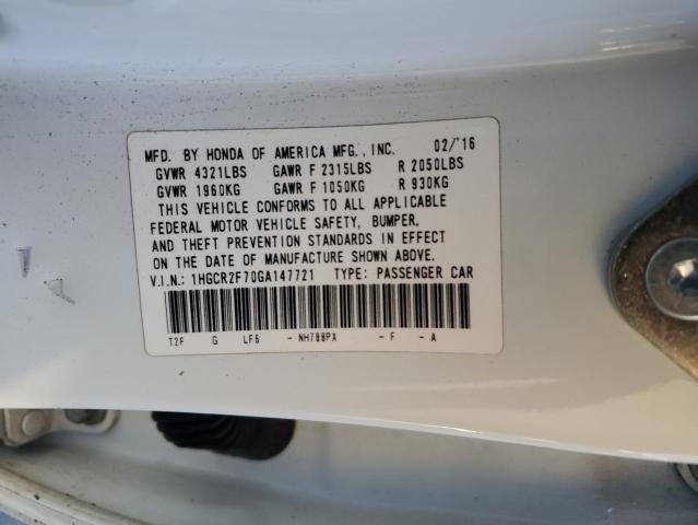1HGCR2F70GA147721 - 2016 HONDA ACCORD EX WHITE photo 12