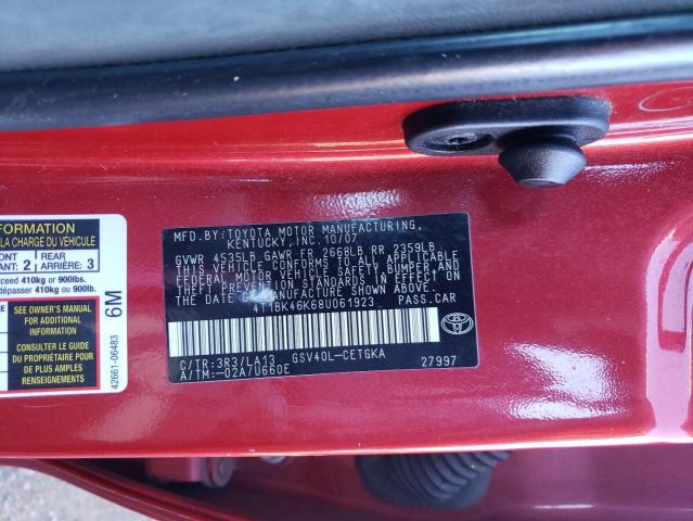 4T1BK46K68U061923 - 2008 TOYOTA CAMRY LE RED photo 12