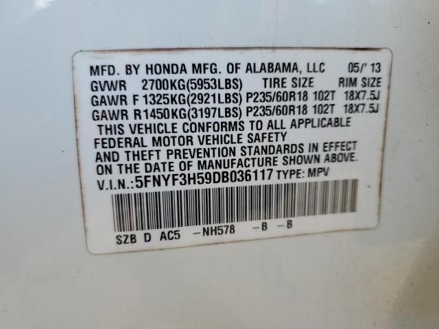 5FNYF3H59DB036117 - 2013 HONDA PILOT EXL WHITE photo 12