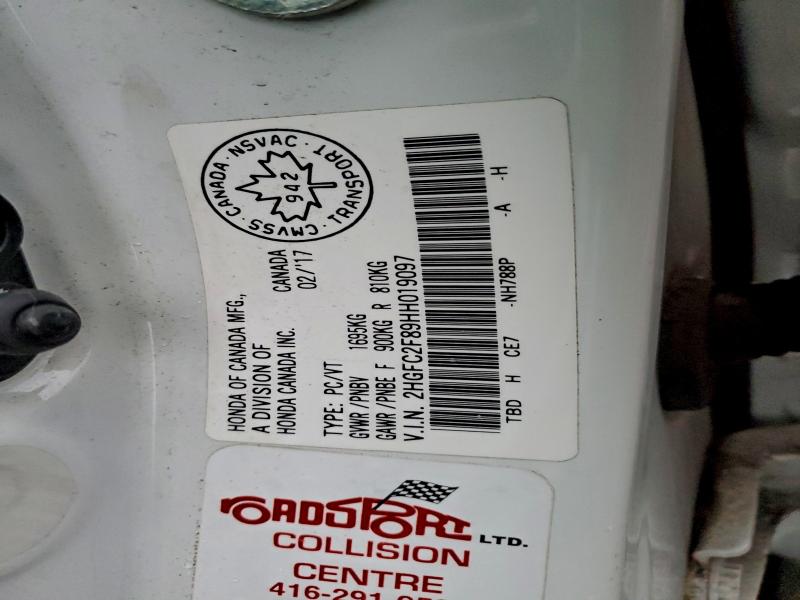 2HGFC2F89HH019097 - 2017 HONDA CIVIC EX WHITE photo 13