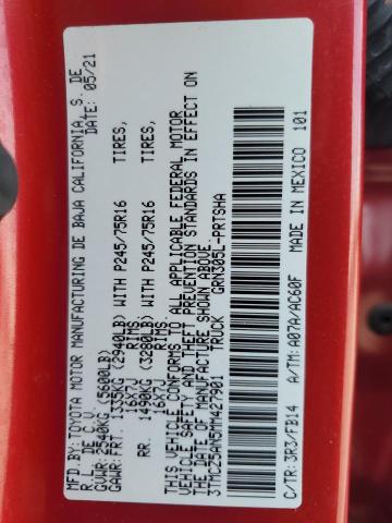 3TMCZ5AN5MM427901 - 2021 TOYOTA TACOMA DOUBLE CAB 红色 照片 12