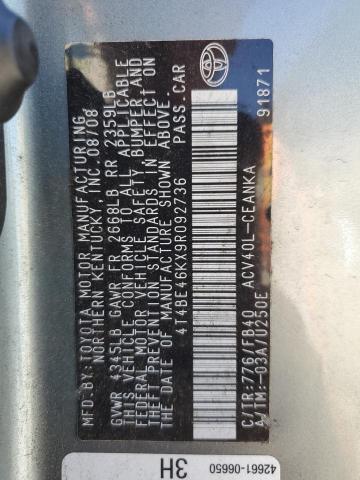 4T4BE46KX9R092736 - 2009 TOYOTA CAMRY BASE GREEN photo 12