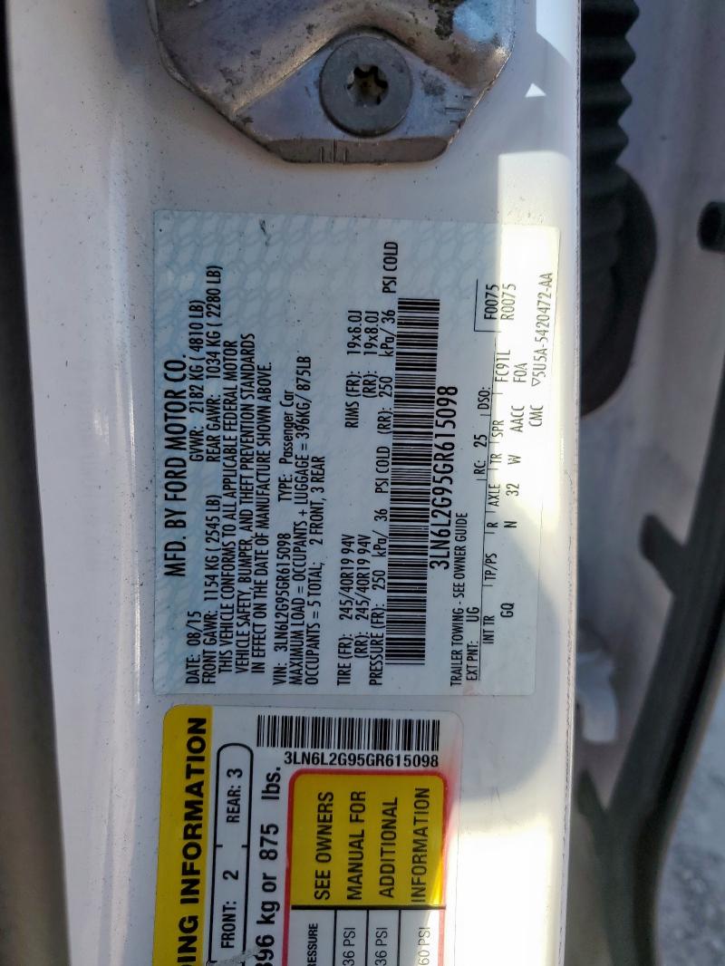 3LN6L2G95GR615098 - 2016 LINCOLN MKZ 白色 照片 12