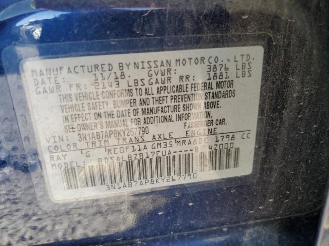 3N1AB7AP8KY267790 - 2019 NISSAN SENTRA S 蓝色 照片 12