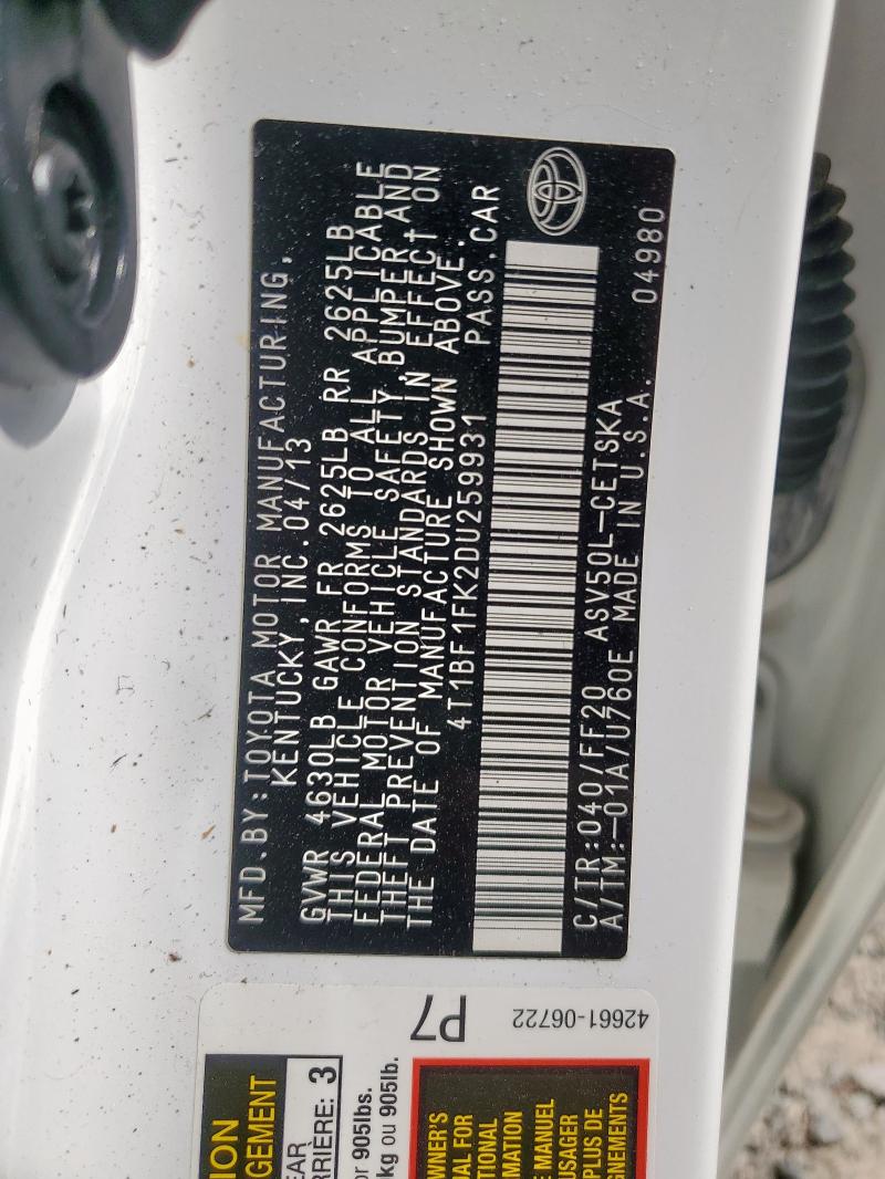 4T1BF1FK2DU259931 - 2013 TOYOTA CAMRY L WHITE photo 13