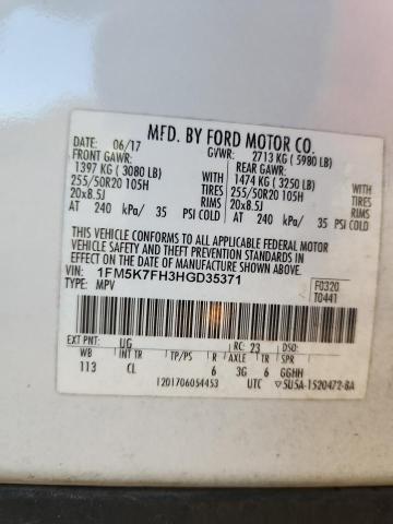 1FM5K7FH3HGD35371 - 2017 FORD EXPLORER LIMITED თეთრი ფოტო 14