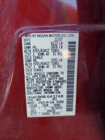 5N1AR18B98C643748 - 2008 NISSAN PATHFINDER S Կարմիր լուսանկար 13