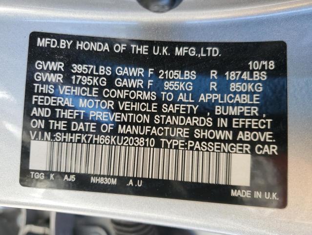 SHHFK7H66KU203810 - 2019 HONDA CIVIC EX Argent photo 13