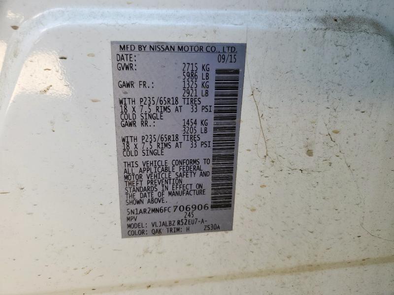 5N1AR2MN6FC706906 - 2015 NISSAN PATHFINDER S Սպիտակ լուսանկար 13