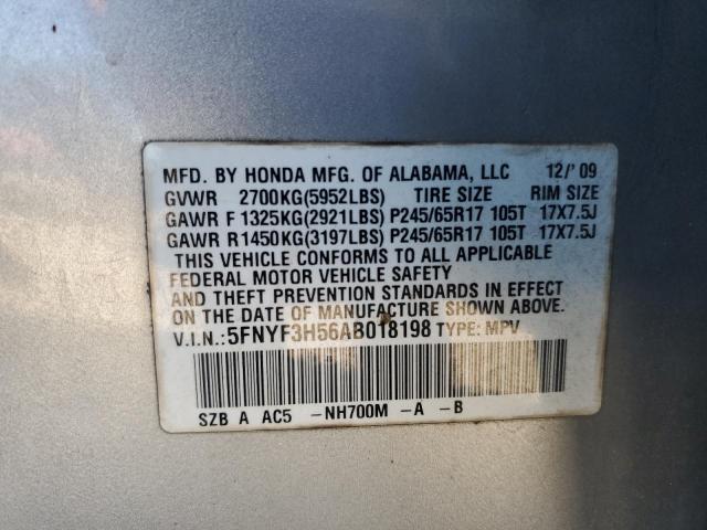 5FNYF3H56AB018198 - 2010 HONDA PILOT EXL Արծաթագույն լուսանկար 13