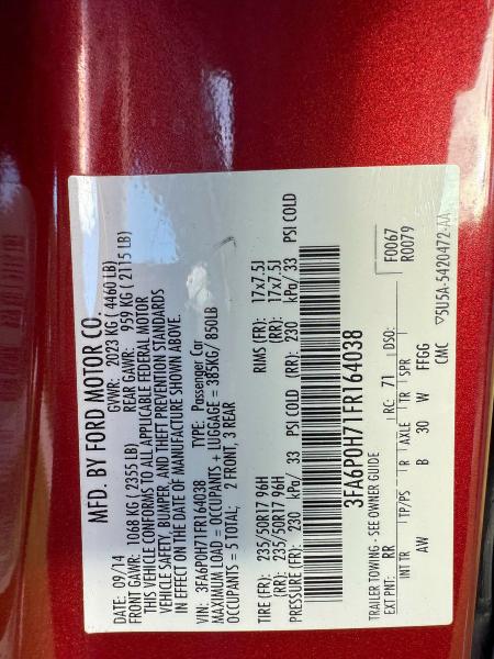 3FA6P0H71FR164038 - 2015 FORD FUSION SE RED photo 10