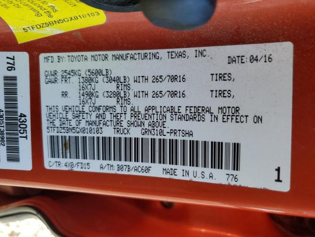 5TFDZ5BN5GX010103 - 2016 TOYOTA TACOMA DOUBLE CAB ORANGE photo 13